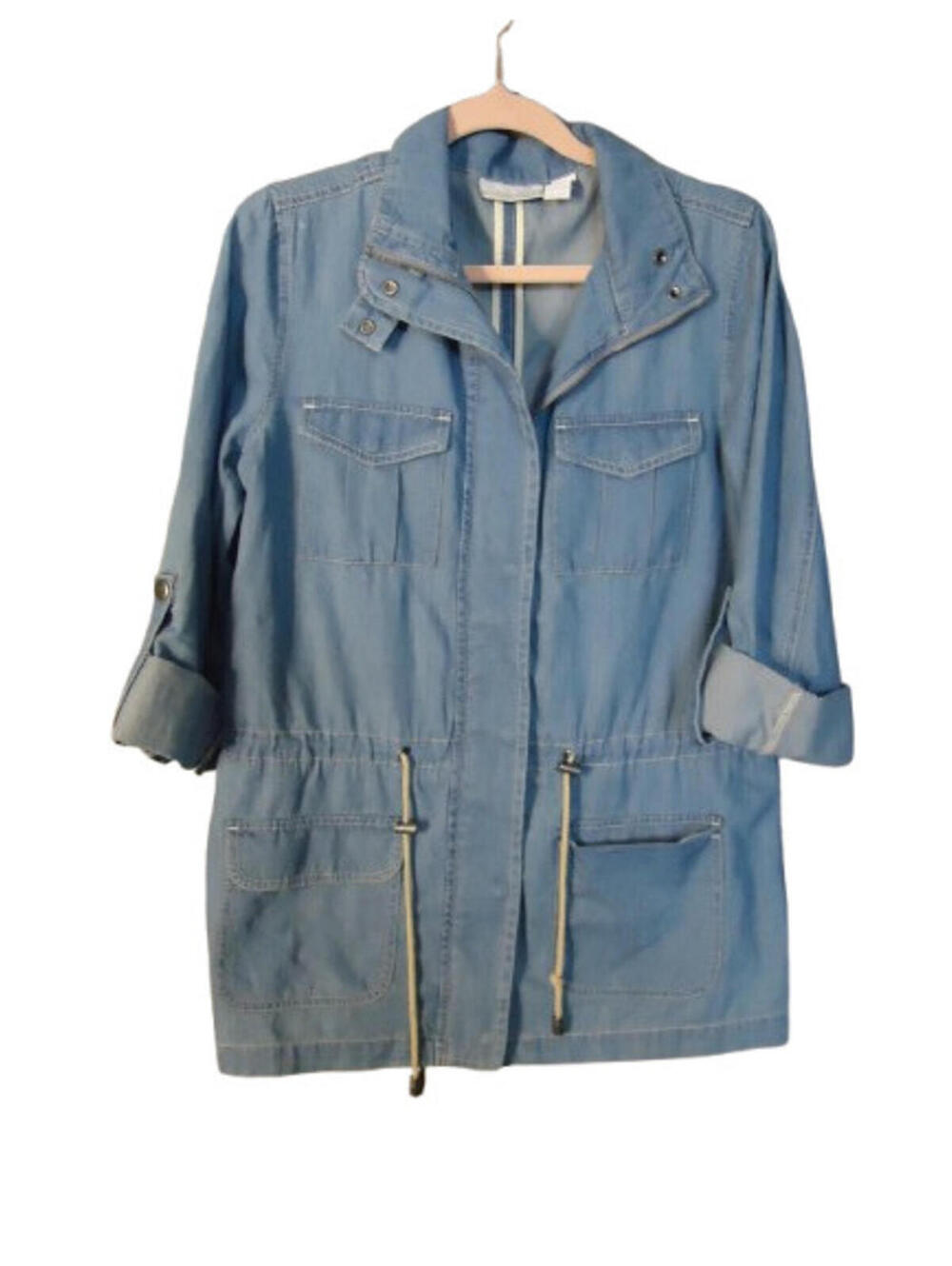 Chicos Denim Shacket Womens 0 Small Drawstring Waist Collar Roll Tab Sleeve Blue